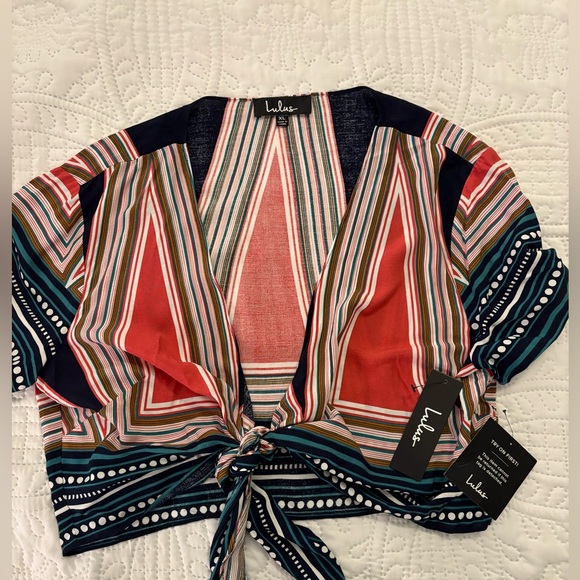 Lulus Geo Grande Navy Blue Print Cropped Tie-Front Top Festival Boho Size XL - Picture 2 of 12